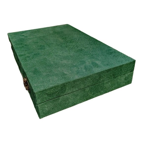 Green Jewelry Box Velvet w/Anti-Tarnish Lining & Latch 11.4x7.3x2" Travel Gift - Picture 6 of 10